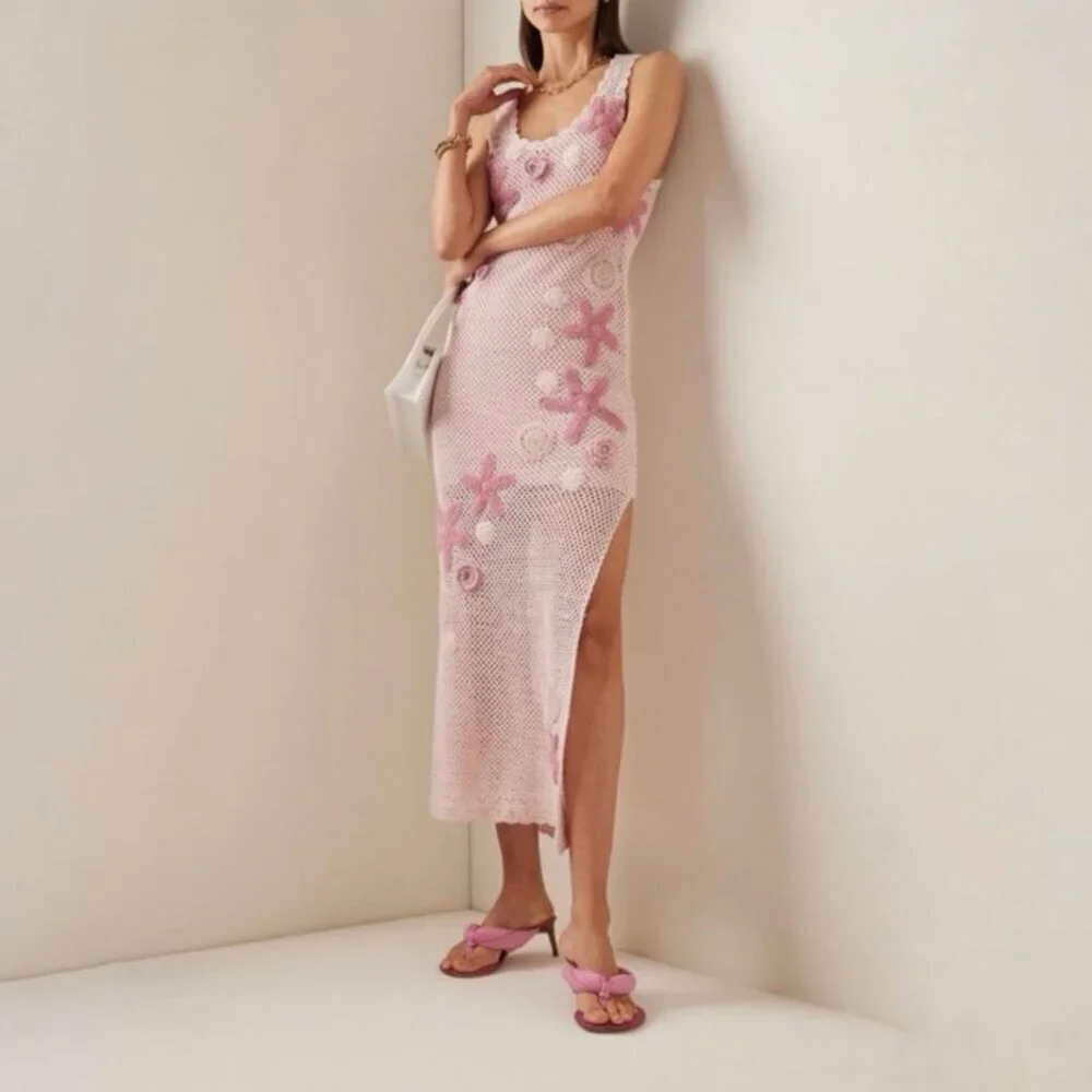 LoveShackFancy Shelburne Crochet Cotton Midi Dress Pink Floral EUC Medium - Picture 1 of 12